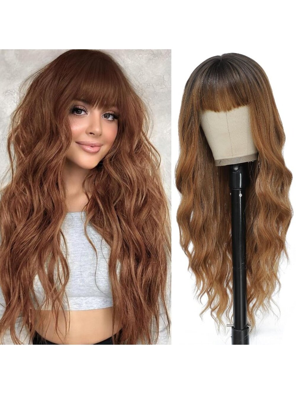 Women's Ombre Brown 26 Inch Natural Looking Heat Resistant Synthetic Wigs Bangs